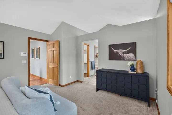 Vaulted ceiling room with light gray walls and plush carpeting