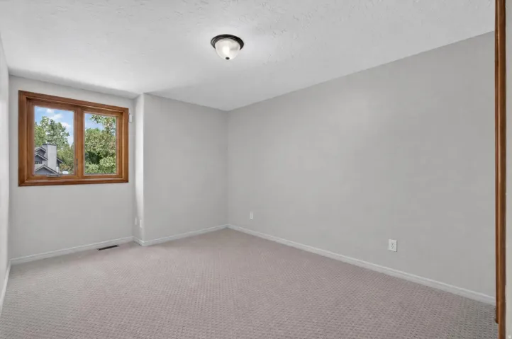 Carpeted room featuring light gray walls, a ceiling-mounted light fixture, and a window with wood trim