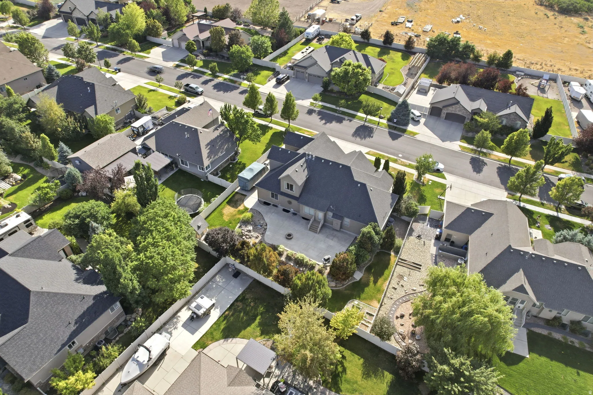 Aerial perspective showcasing a residential neighborhood with varied architectural styles