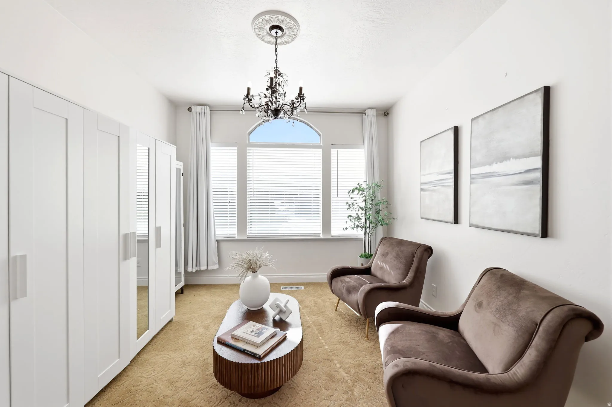 White walls and carpeting frame a room featuring a large arched window with blinds