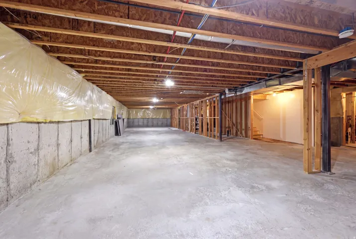 Expansive unfinished lower level featuring exposed wood joists and concrete flooring