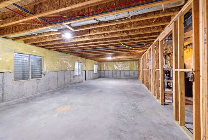 Unfinished basement offering extensive open space with concrete flooring