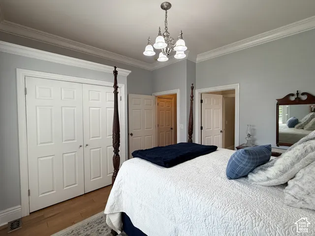 Bedroom with crown molding, hardwood flooring and ceiling fan.