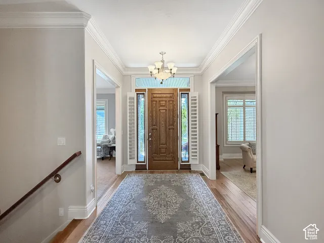 Elegant foyer featuring crown molding, natural light and hardwood flooring