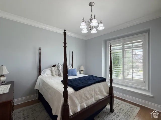 Bedroom with crown molding, hardwood flooring and ceiling fan.
