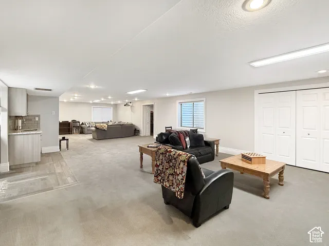 Expansive living room with carpet and closets