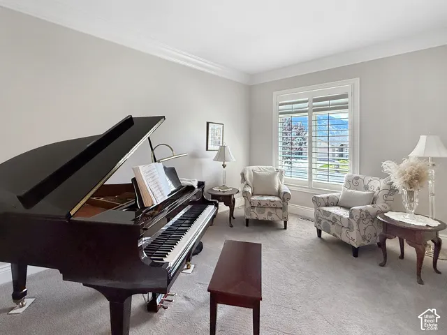 Living room with crown molding, natural light and carpet