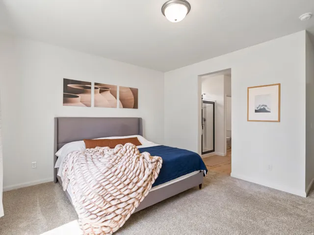 Bedroom featuring light-toned carpeting and a recessed doorway