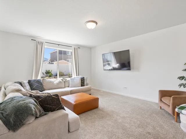 Spacious living area featuring light-colored carpeting, a large sliding glass door with drapes, and a ceiling-mounted light fixture