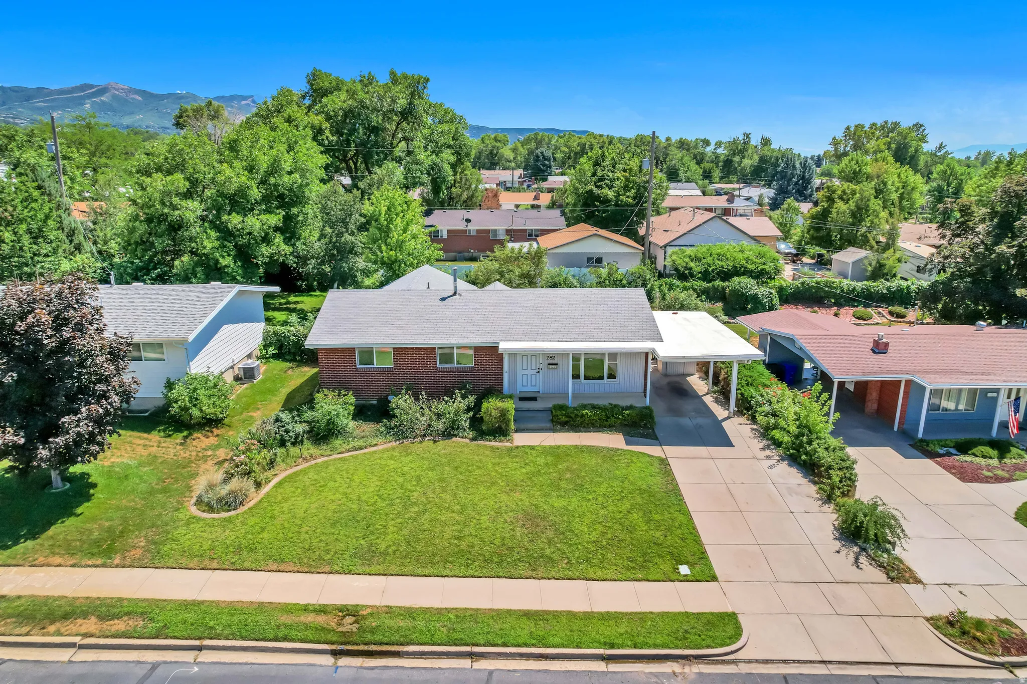 Single-story residence featuring a covered carport, concrete driveway, and a manicured front lawn with mature landscaping