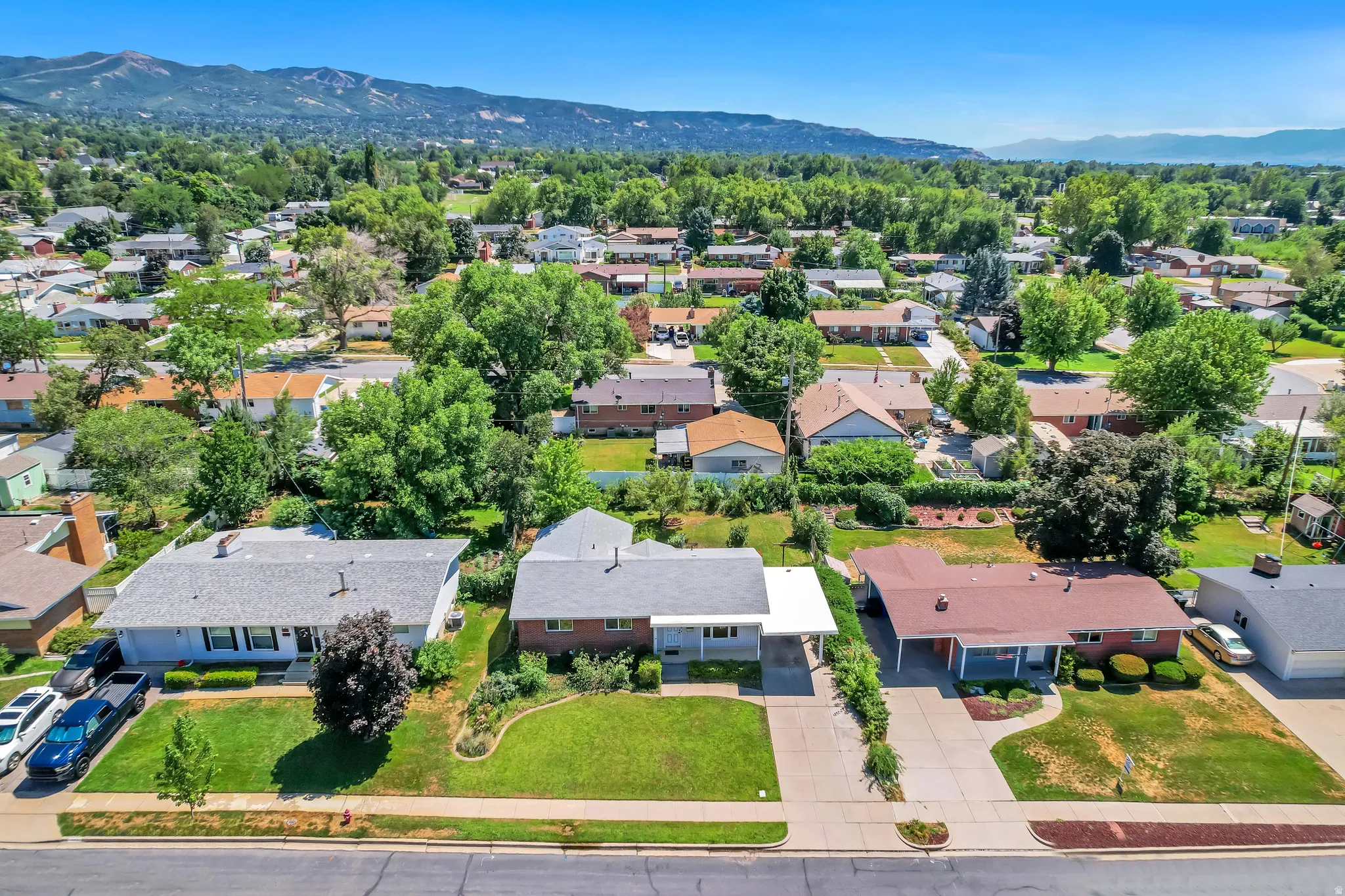 Residential neighborhood with a mountain backdrop