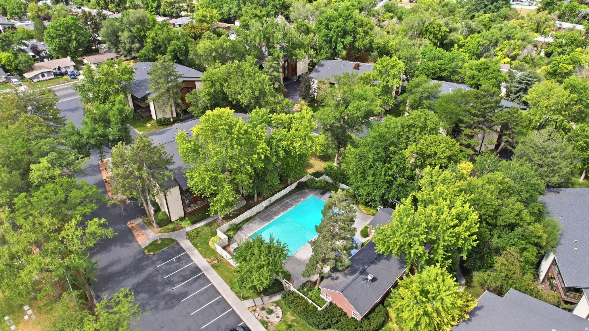 Community pool surrounded by lush mature trees, with ample surface parking areas