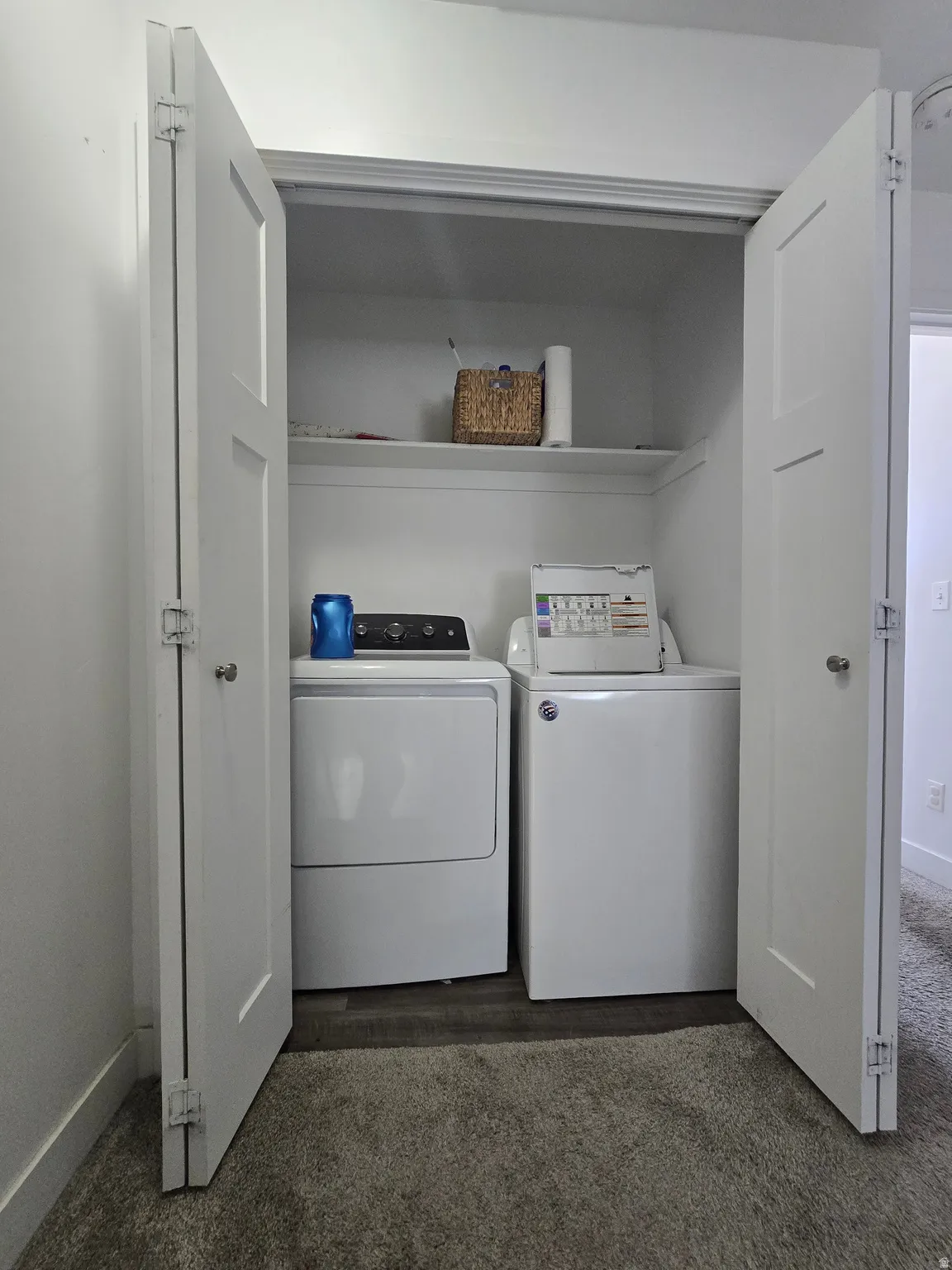 Dedicated laundry closet with bi-fold doors, upper shelving, wood-finish flooring, and gray carpeting