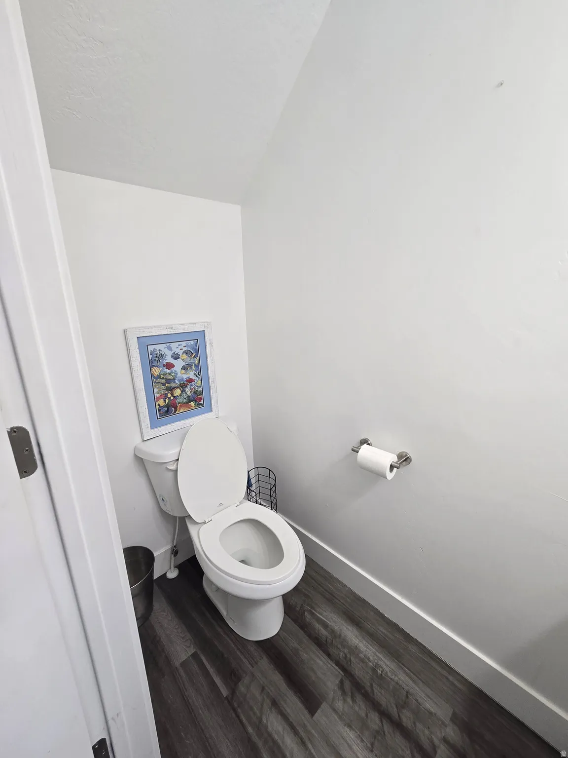 Bathroom featuring white walls, wood-finish flooring, and a white toilet