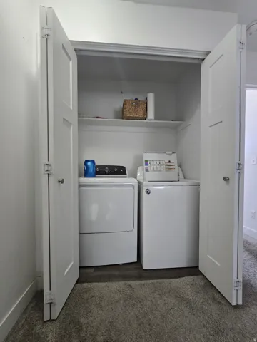 Dedicated laundry closet with bi-fold doors, upper shelving, wood-finish flooring, and gray carpeting