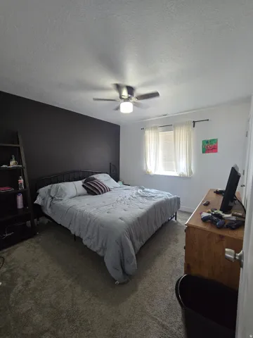 Carpeted interior room featuring a ceiling fan with integrated lighting, a window with blinds and drapes, and a dark accent wall