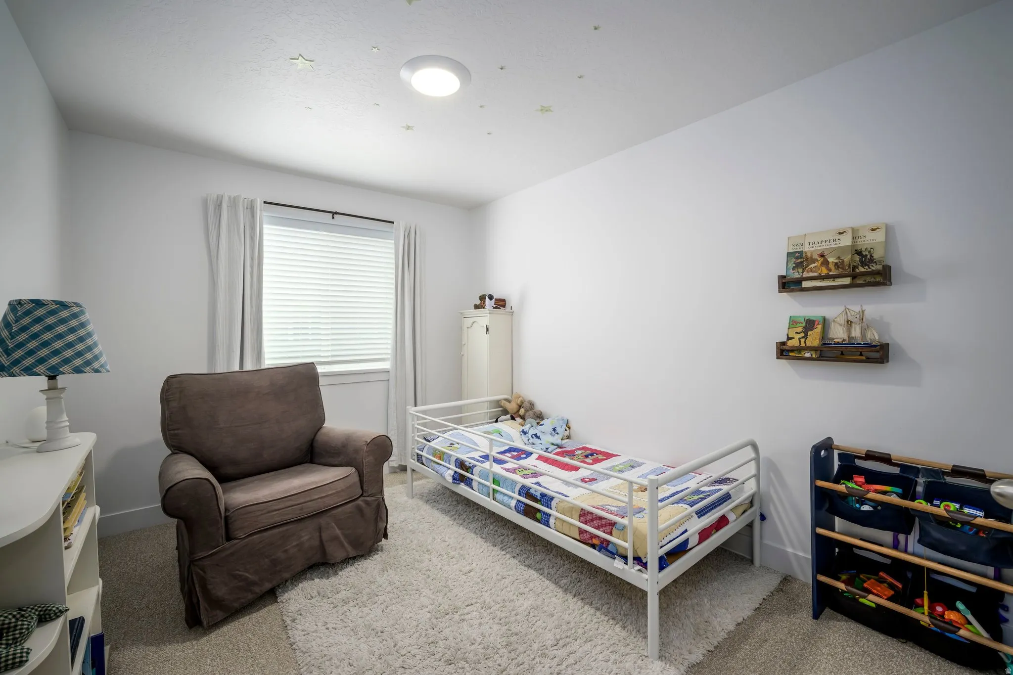 Neutral-toned room featuring a single window with blinds and drapes, light-colored carpeting, a ceiling-mounted light fixture, and wall-mounted shelving units