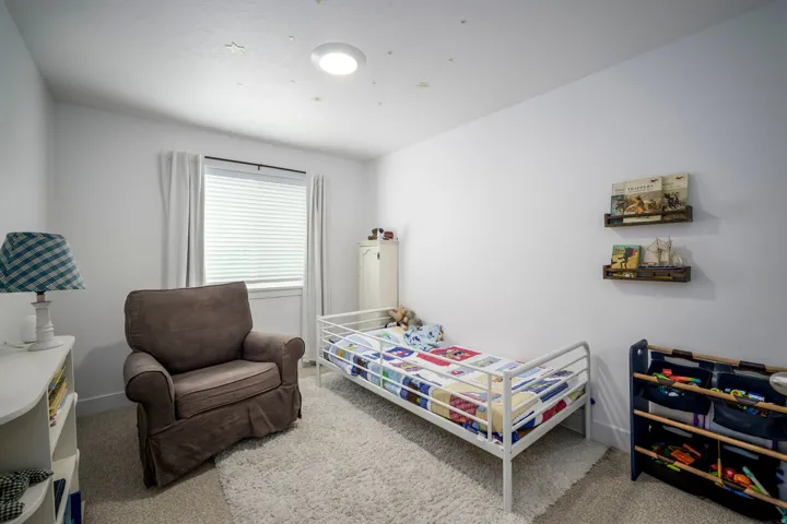Neutral-toned room featuring a single window with blinds and drapes, light-colored carpeting, a ceiling-mounted light fixture, and wall-mounted shelving units