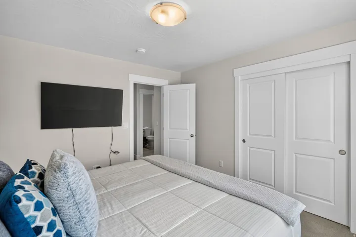 Room featuring white walls, a flush-mount ceiling light, and light-colored carpet