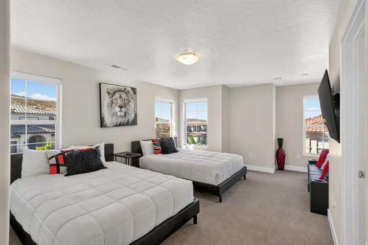 Carpeted room with multiple windows offering natural light, a ceiling-mounted light fixture, and a wall-mounted television