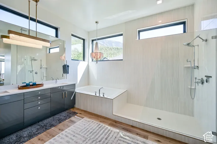 Bathroom featuring a dual vanity with a quartz countertop, a built-in soaking tub, a walk-in shower with glass enclosure, wood-finish flooring, and multiple transom windows