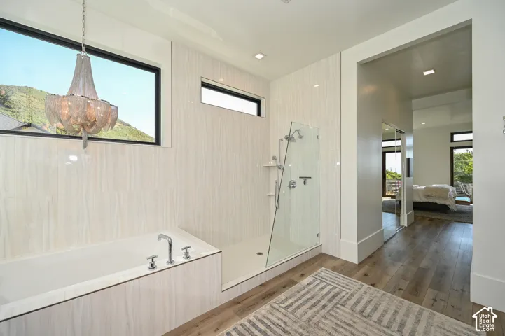 Contemporary bathroom featuring a built-in soaking tub, a frameless glass shower enclosure, wood-finish flooring, and a large window with a mountain backdrop