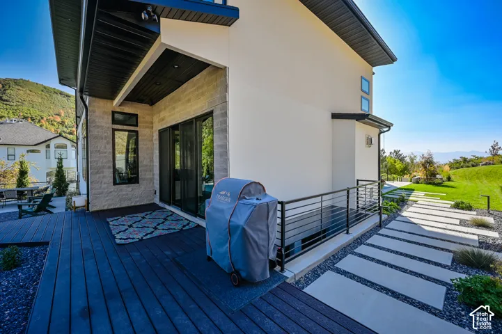 Exterior deck featuring dark wood-finish flooring, a contemporary black railing, and a concrete paver walkway