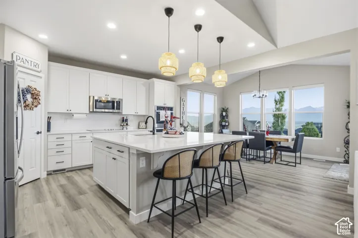 Open-concept kitchen featuring white shaker cabinetry, an expansive center island, integrated stainless steel appliances, and wood-finish flooring