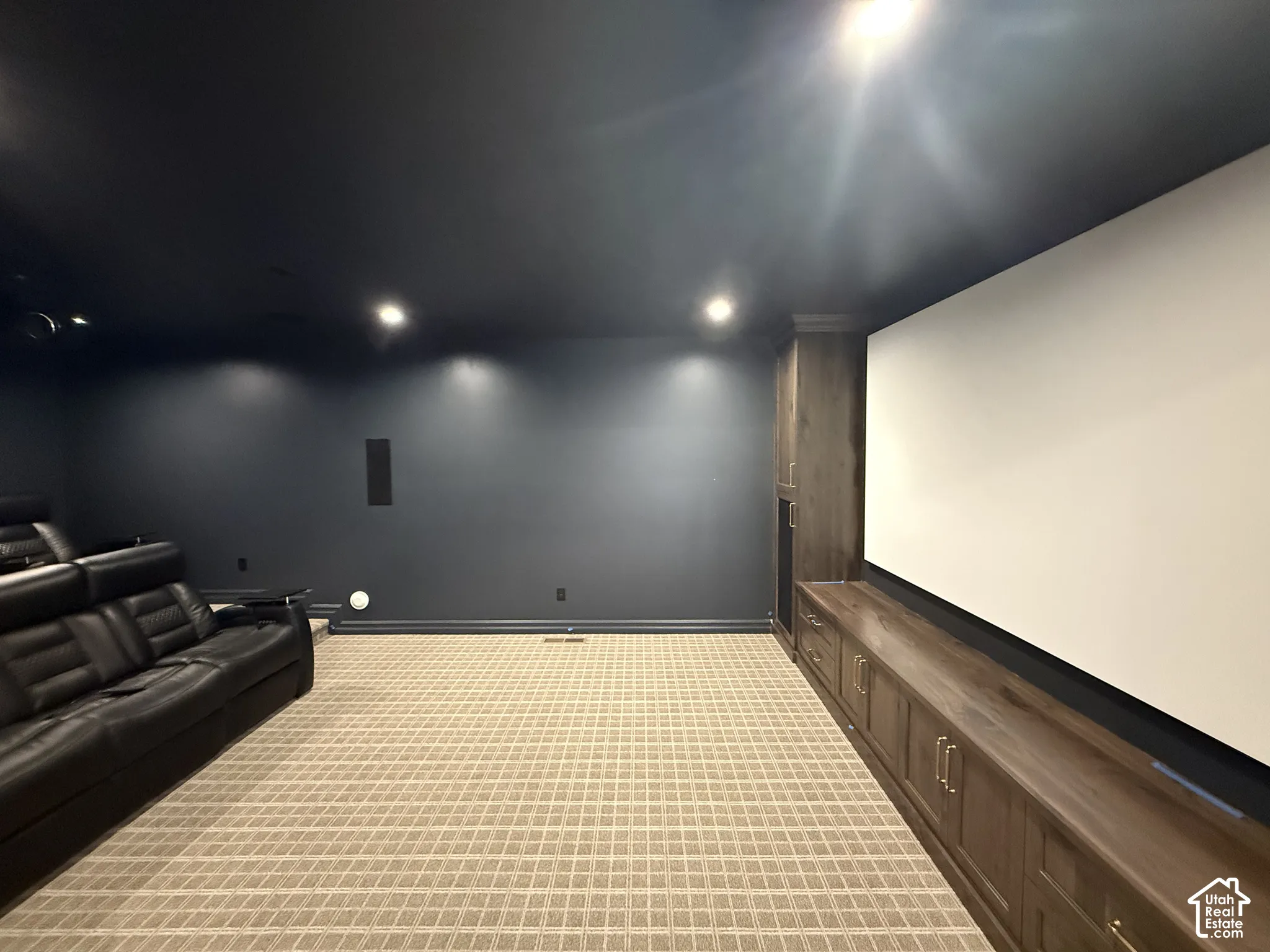 Dedicated media room featuring dark-toned walls, recessed lighting, wall-to-wall carpeting, and custom built-in cabinetry with integrated storage