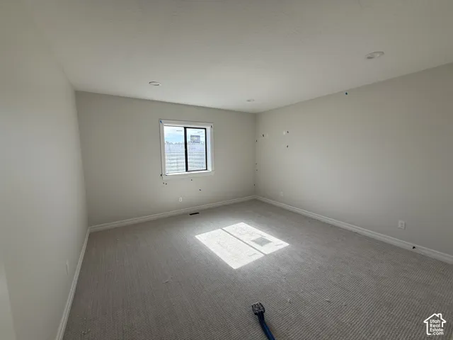 Neutral wall paint, recessed lighting, double-pane window, and textured carpeting