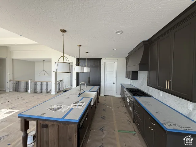 Open-concept kitchen featuring dark cabinetry, a farmhouse sink, stainless steel appliances, and pendant lighting