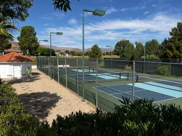 Community pickleball courts with perimeter fencing, floodlights, and a gravel walkway
