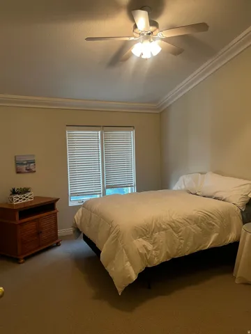 Bedroom featuring a ceiling fan with integrated lighting, crown molding, and two windows with horizontal blinds