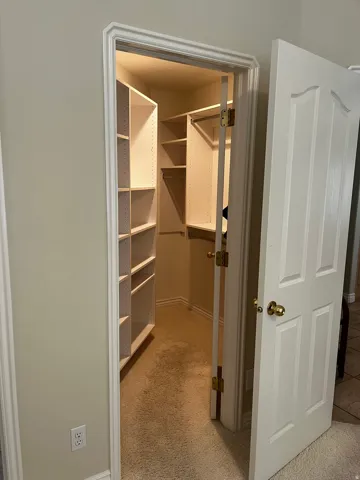 Walk-in closet with carpet flooring, white built-in shelving, and hanging rods