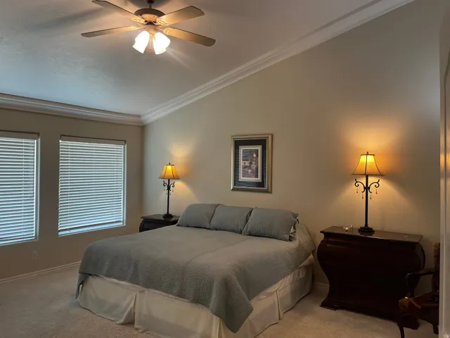 Vaulted ceilings with crown molding and ceiling fan