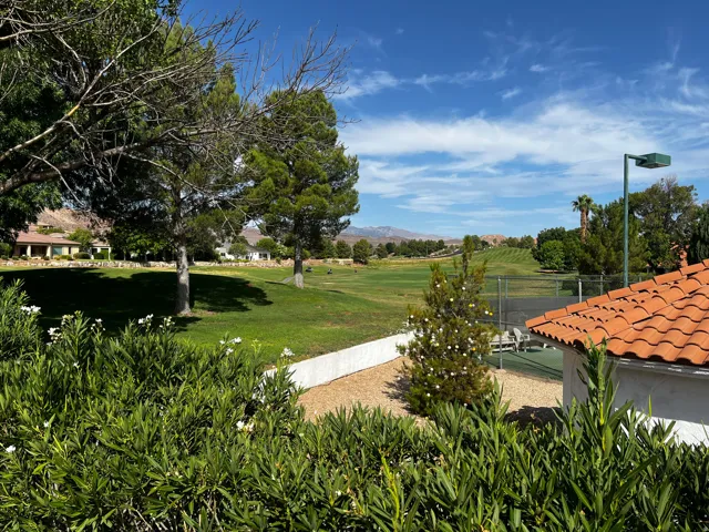 Expansive golf course views featuring a manicured green, distant mountains, and mature trees