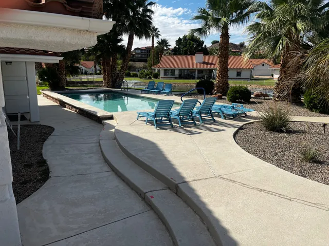 Outdoor swimming pool featuring a curved concrete deck, integrated steps, and mature palm trees