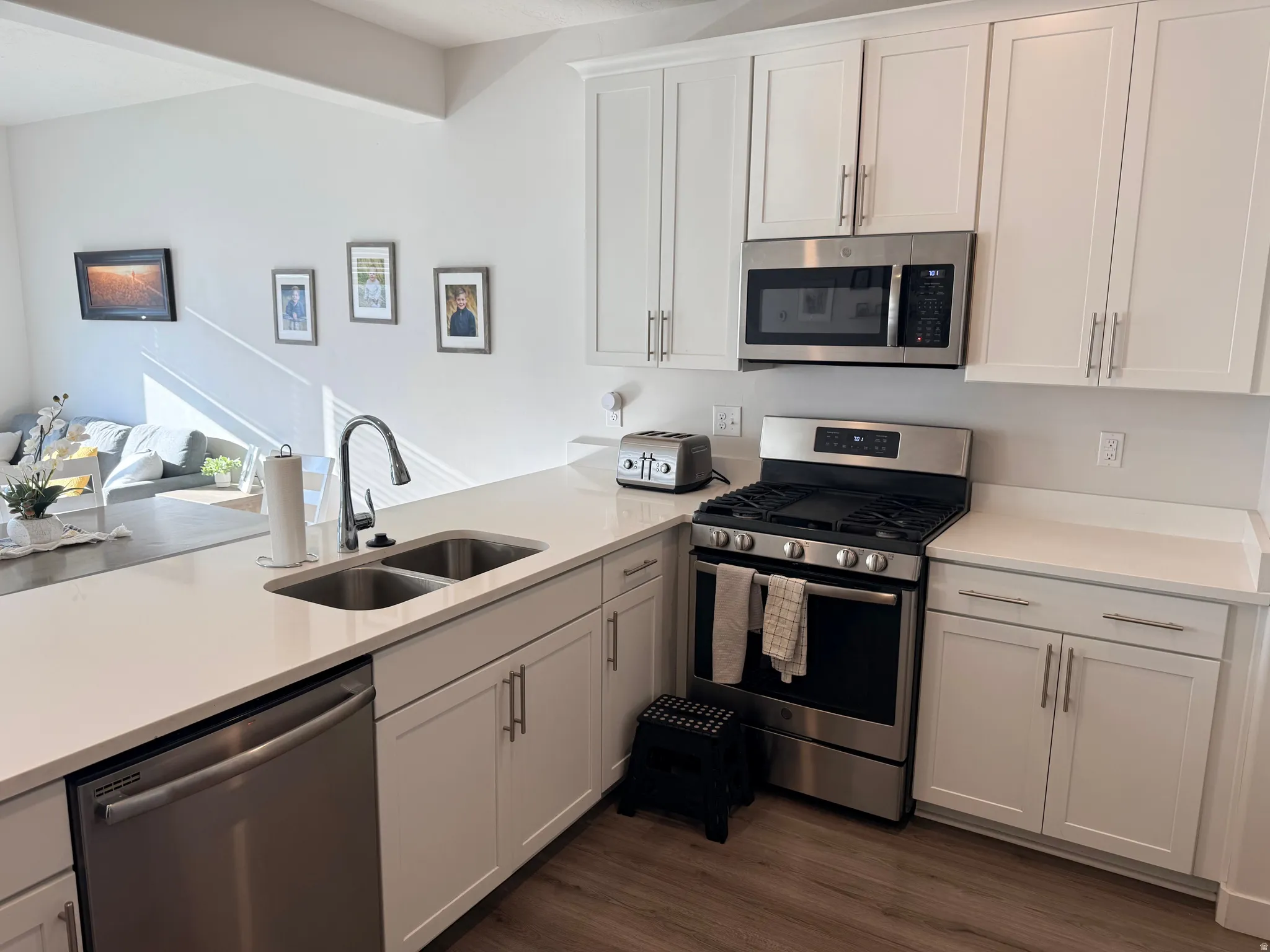 Kitchen featuring white shaker cabinetry, stainless steel appliances, a double basin sink, and wood-finish flooring