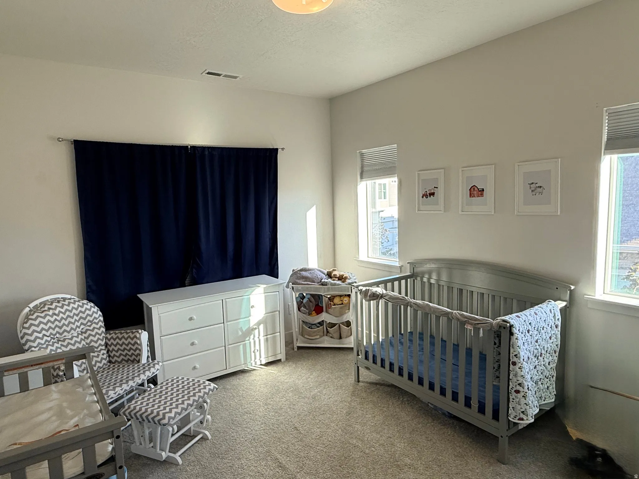 Carpeted room featuring multiple windows with blinds, a ceiling-mounted light fixture, and white wall finishes