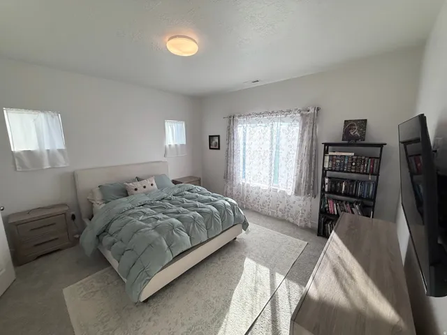 Carpeted room featuring a ceiling light fixture, a large window with patterned curtains, and two smaller windows with white privacy curtains