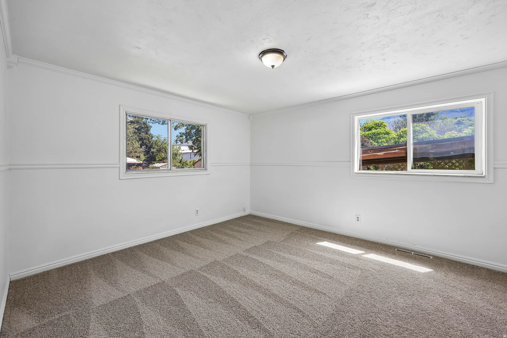 Spacious room featuring neutral carpet flooring, two large windows, white walls, and crown molding