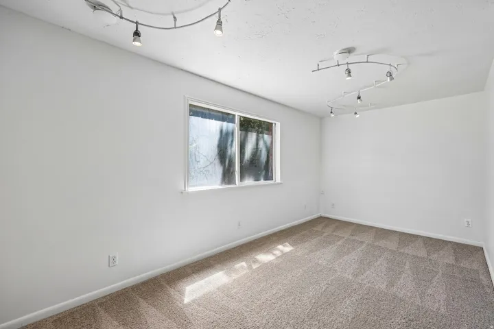 Room featuring light neutral-toned walls, track lighting, a window, and textured carpet flooring