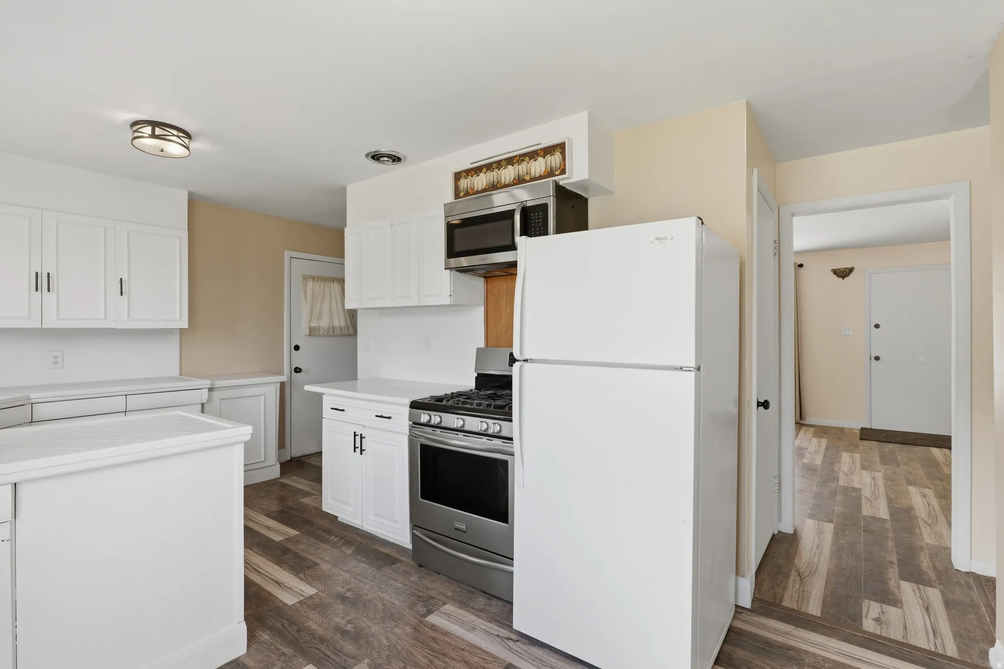 Kitchen featuring wood-finish flooring, white cabinetry, white countertops, and stainless steel appliances