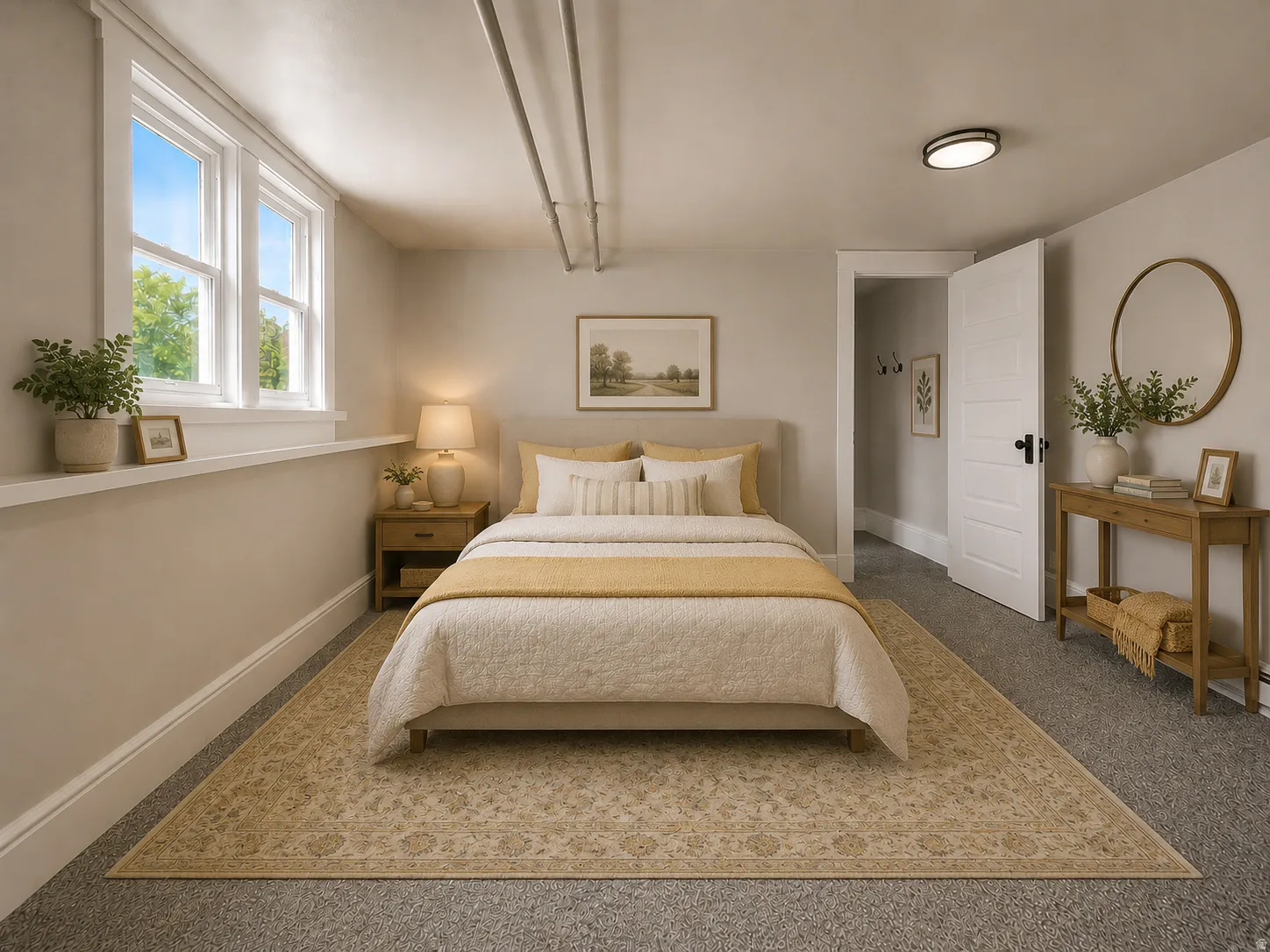 Dual window, overhead lighting, and carpeted flooring