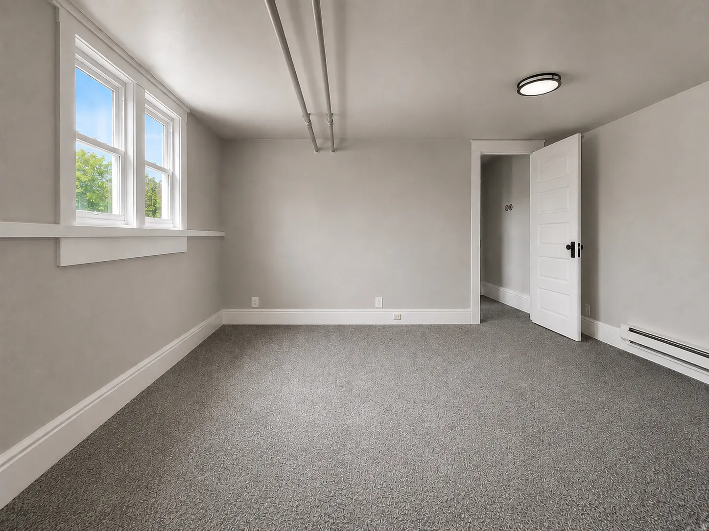 Carpeted room with a double window, overhead flush-mount lighting, and a white paneled door with dark hardware