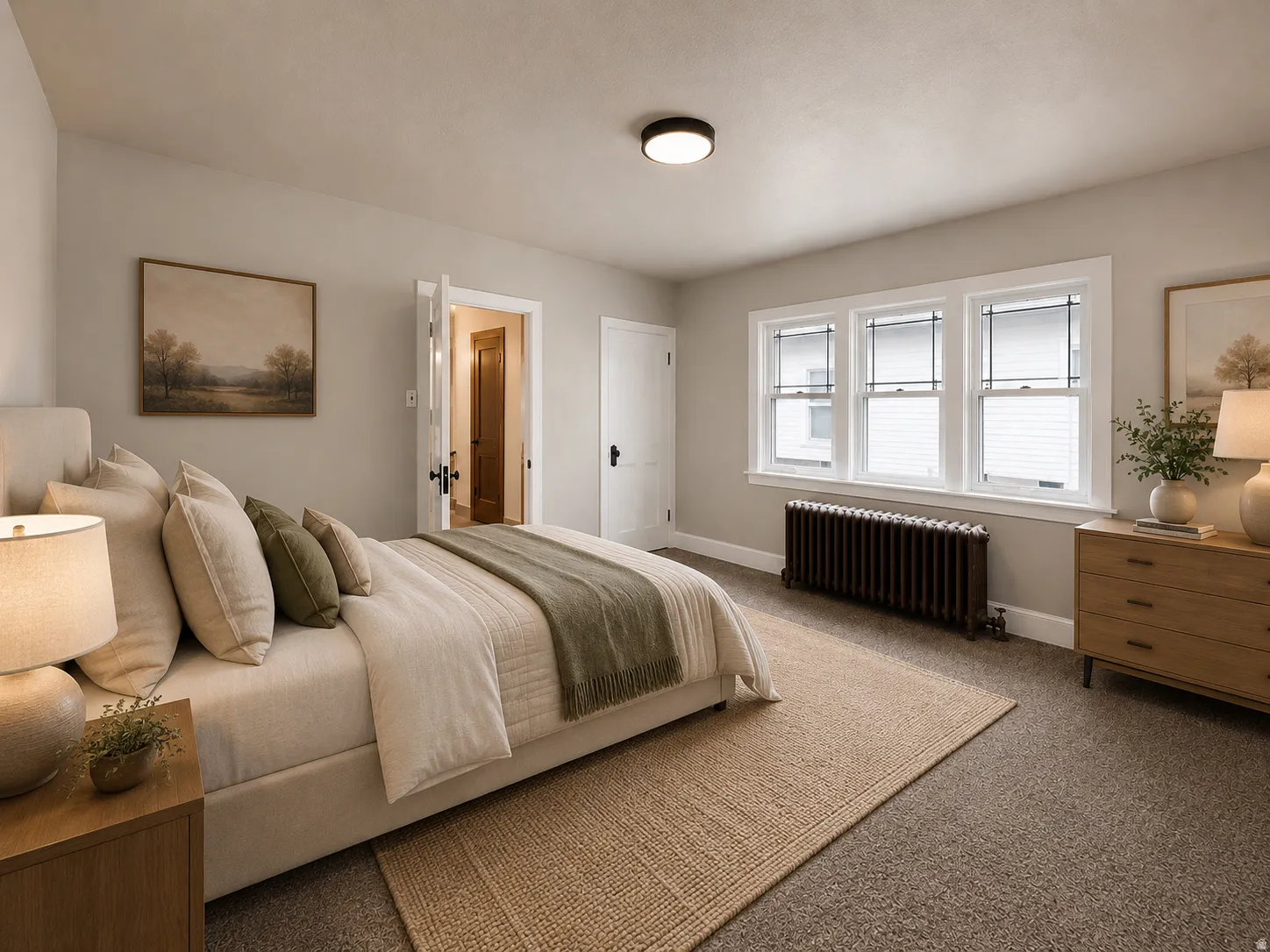 Carpeted flooring, three-panel window with white trim, dark-toned radiator, and a flush-mount ceiling light