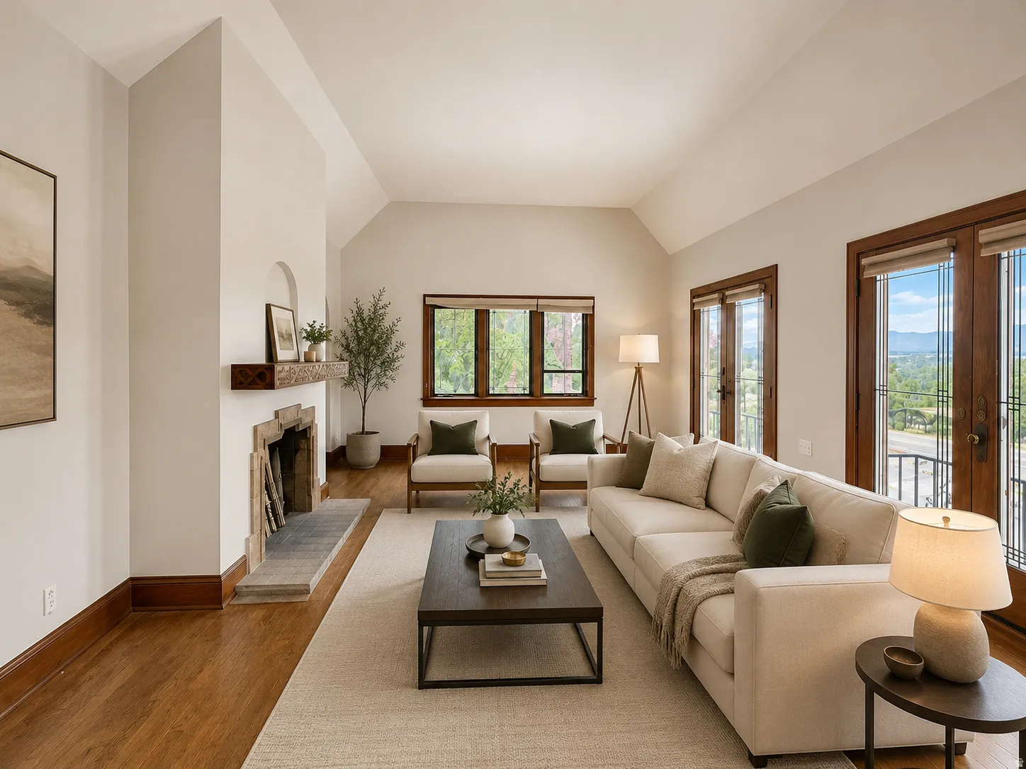 Vaulted ceiling, hardwood flooring, stone fireplace with hearth, wood-framed windows, and French doors with decorative glass panels