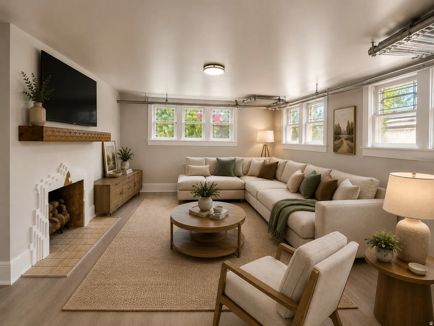 Fireplace with decorative surround and tiled hearth, wood-finish flooring, multiple windows, built-in shelving, and recessed lighting