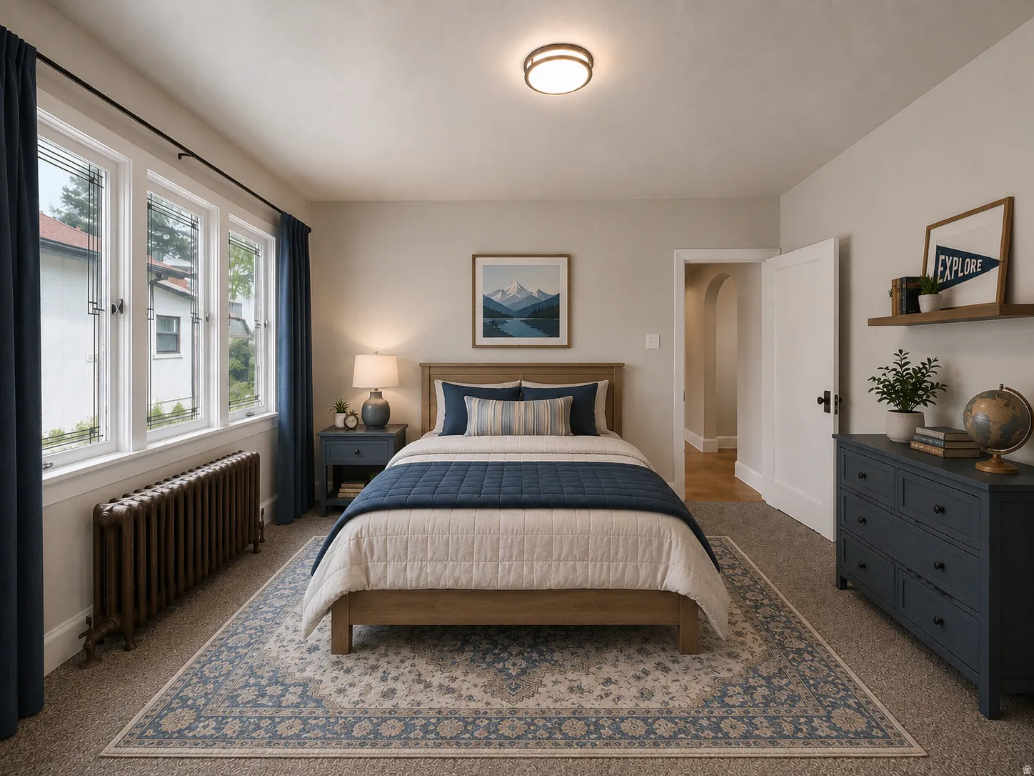 Recessed ceiling light, multiple casement windows, wood-finish bed frame, built-in wall shelving, and an arched doorway