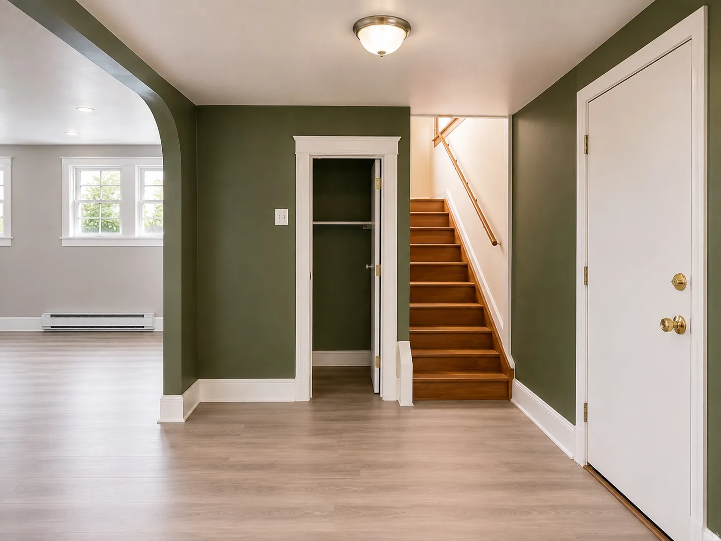 Light wood-finish flooring with an arched doorway